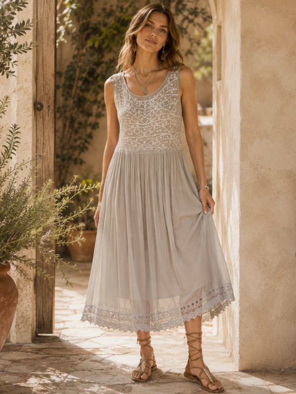 Sundance Sweet Mystery Dress XL Gray 100% Silk Embroidered Boho Midi Sheer